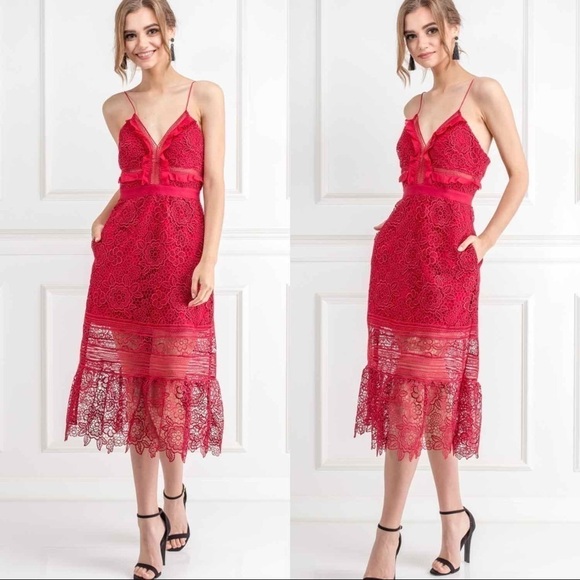 Self Portrait Red Floral Blush Midi Dress Size US 8 - Picture 5 of 16